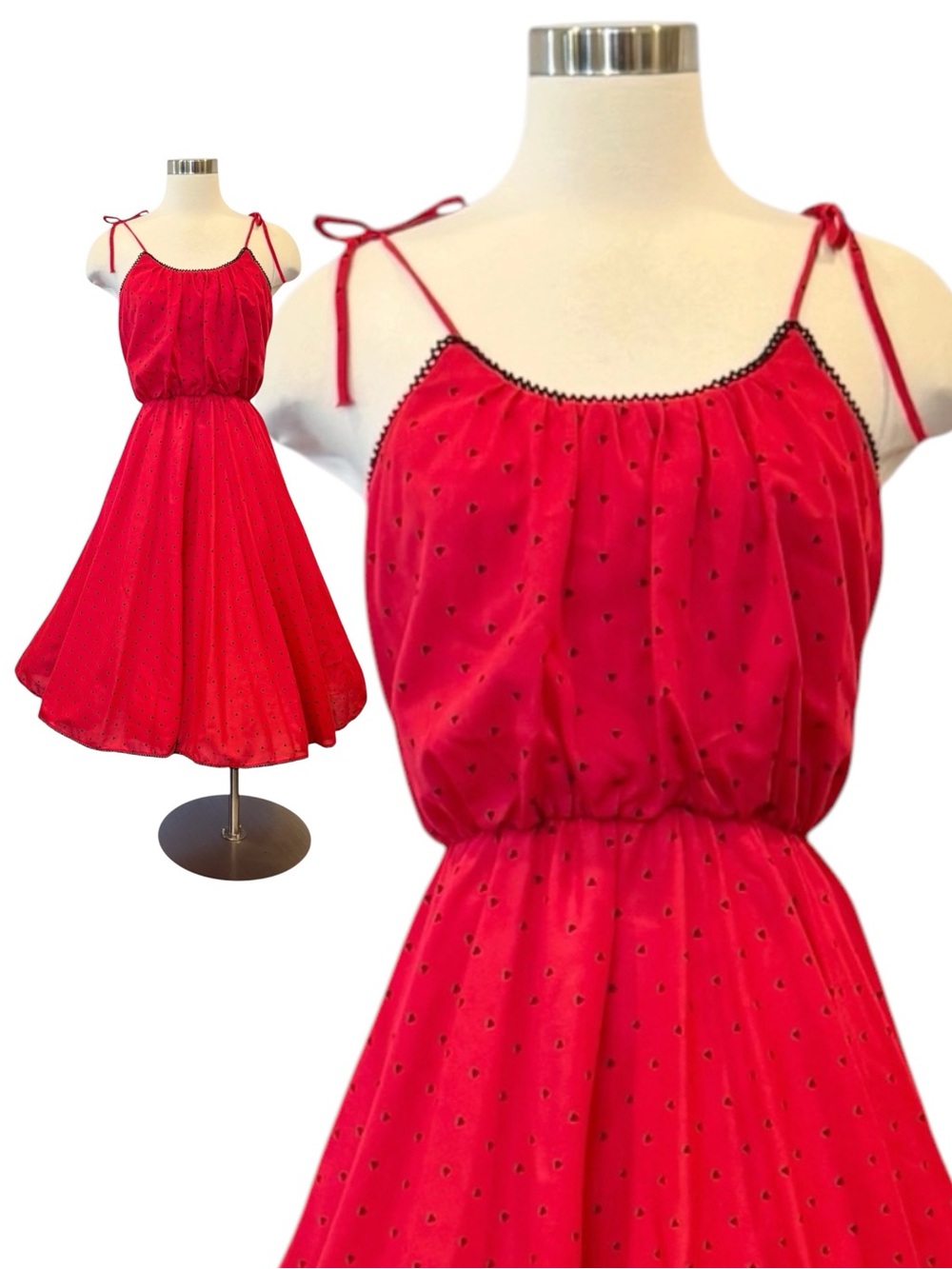 Candi Jones Vintage 60s 70s Fit & Flare Cherry Red Black Heart Print Dress